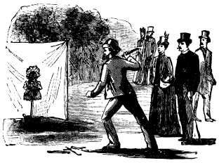 A 1911 drawing of Edwardians throwing sticks at a dummy, trying to knock its head off. The Dummy is called an Aunt Sally.