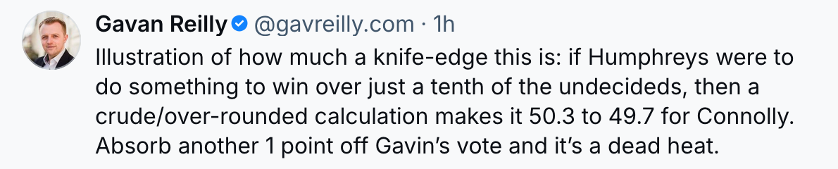 Gav Reilly on Blusky: Illustration of how much a knife-edge this is: if Humphreys were to do something to win over just a tenth of the undecideds, then a crude/over-rounded calculation makes it 50.3 to 49.7 for Connolly. Absorb another 1 point off Gavin’s vote and it’s a dead heat.