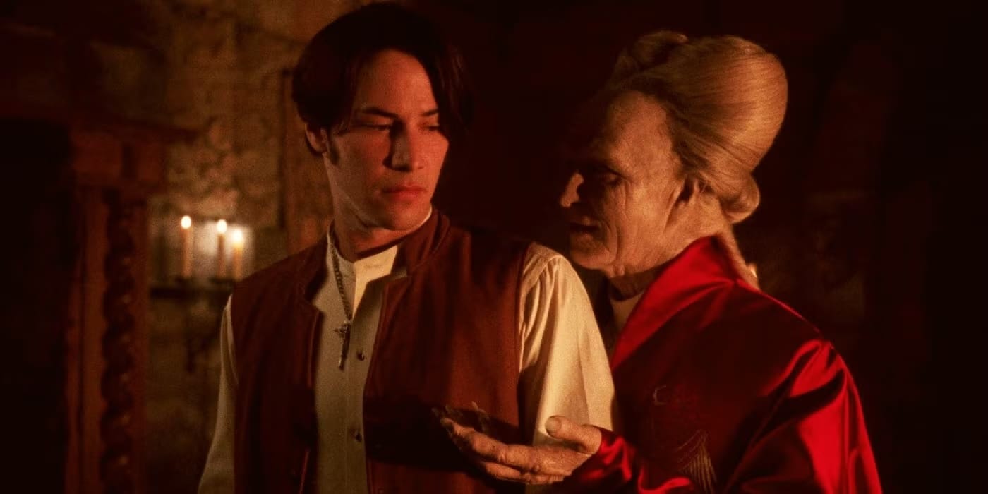 Keanu Reeves as Thomas Harker and Gary Oldman as an old Count Dracula in his castle.