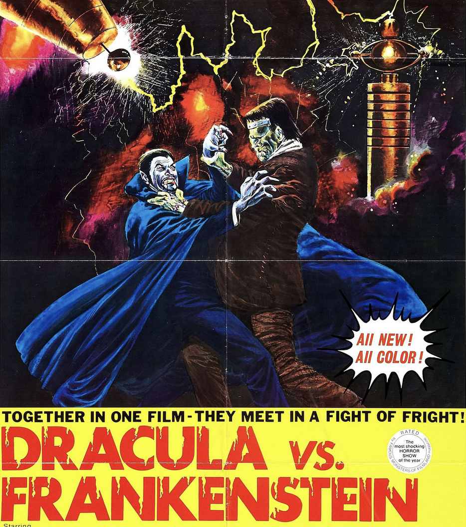 Incredibly cheap and nasty Dracula vs Frankenstein movie poster from 1971 where the two are fighting