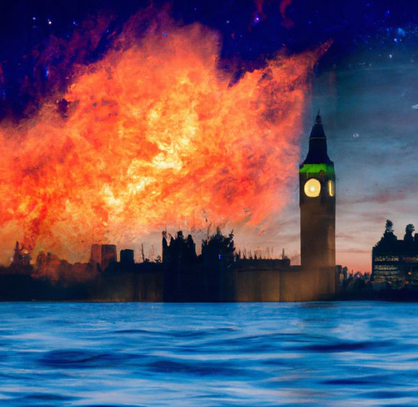 An AI generated image of the Houses of Parliament aflame.