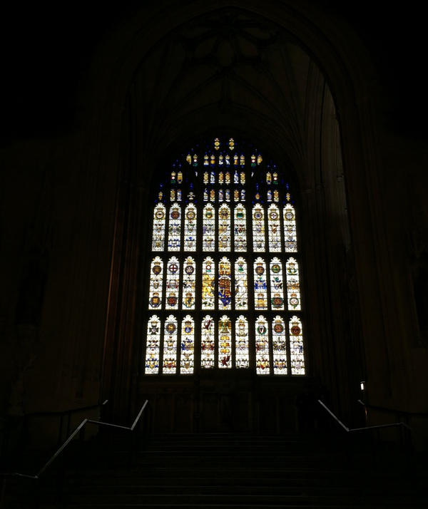 Stained glass window from the House of Lords, showing the icons of the British Crown's dominions.