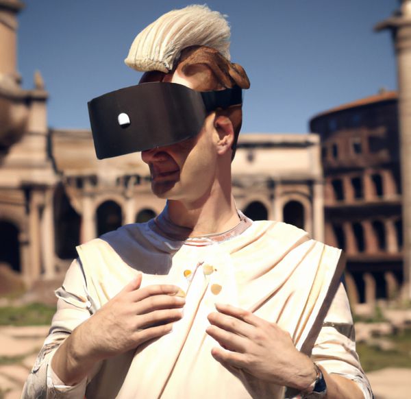 Emperor Augusts wearing a VR headset, AI image