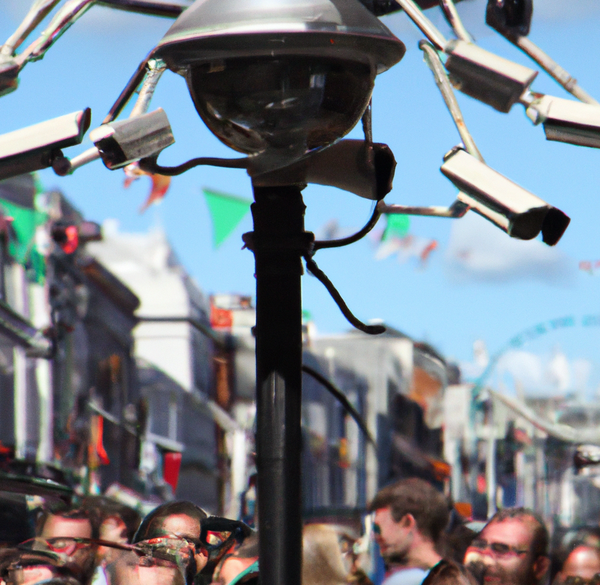 An AI generated image of CCTV cameras watching people on Grafton Street