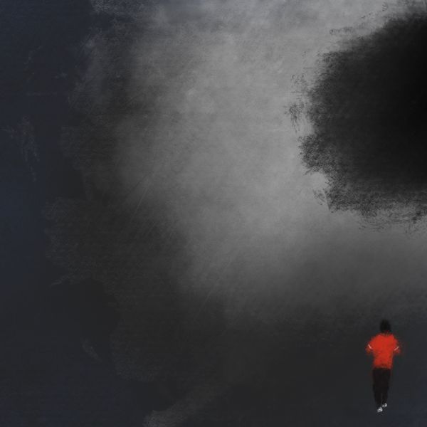 An oil pastel image of a runner in a read top and black tracksuit bottoms jogging towards fog and darkness