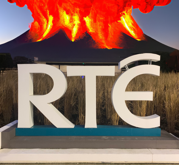 A photomontage of the RTE logo in front and an exploding volcano behind