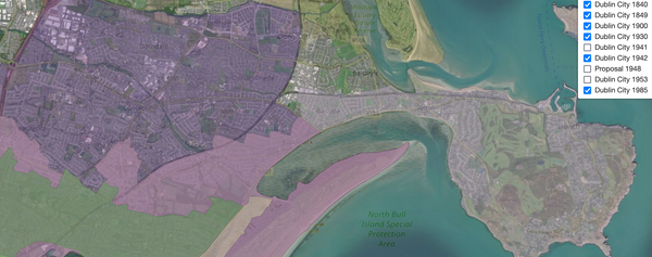 A map of Dublin North Bay, overlaid with historic boundry changes back to 1840