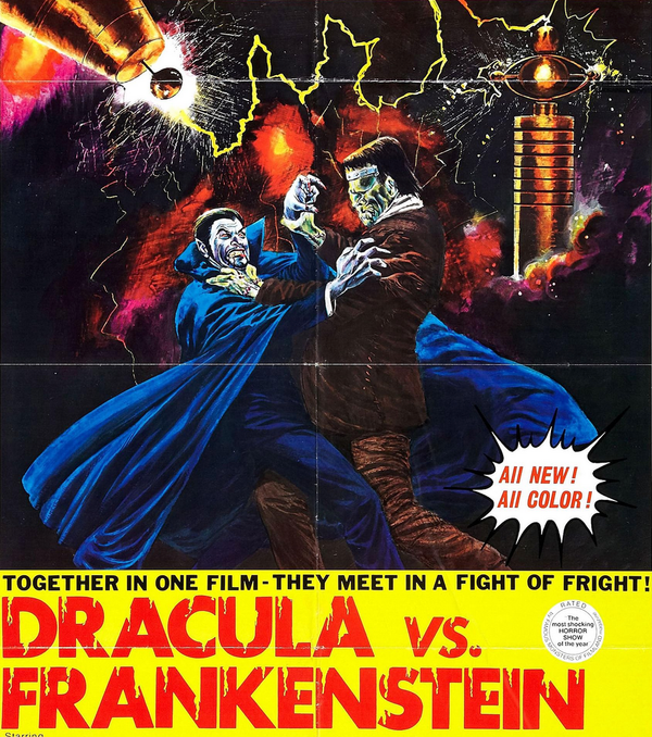 Incredibly cheap and nasty Dracula vs Frankenstein movie poster from 1971 where the two are fighting