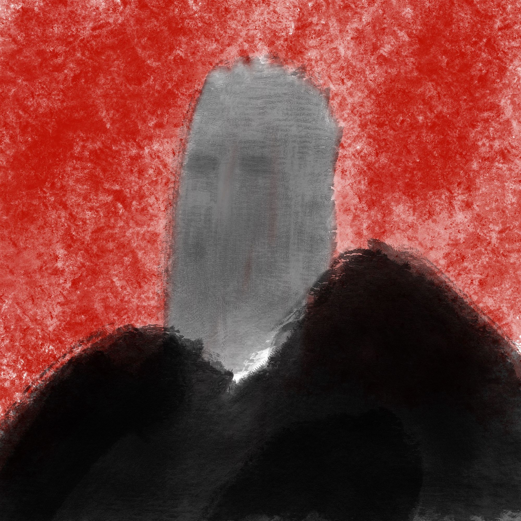 A black robed figure with a blank grey face against a blood-red background