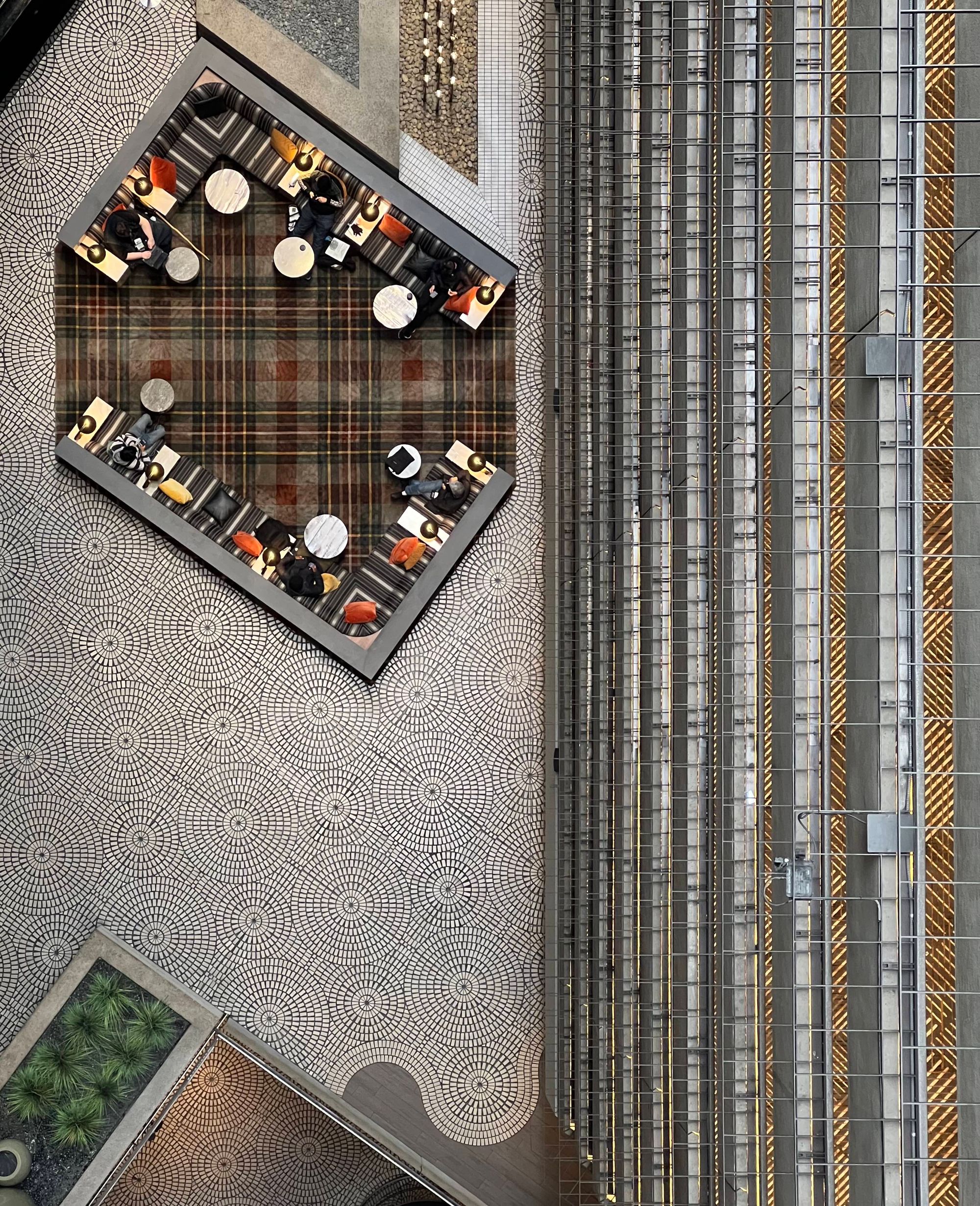 A view directly down into the atrium floor, from 15 floors. 