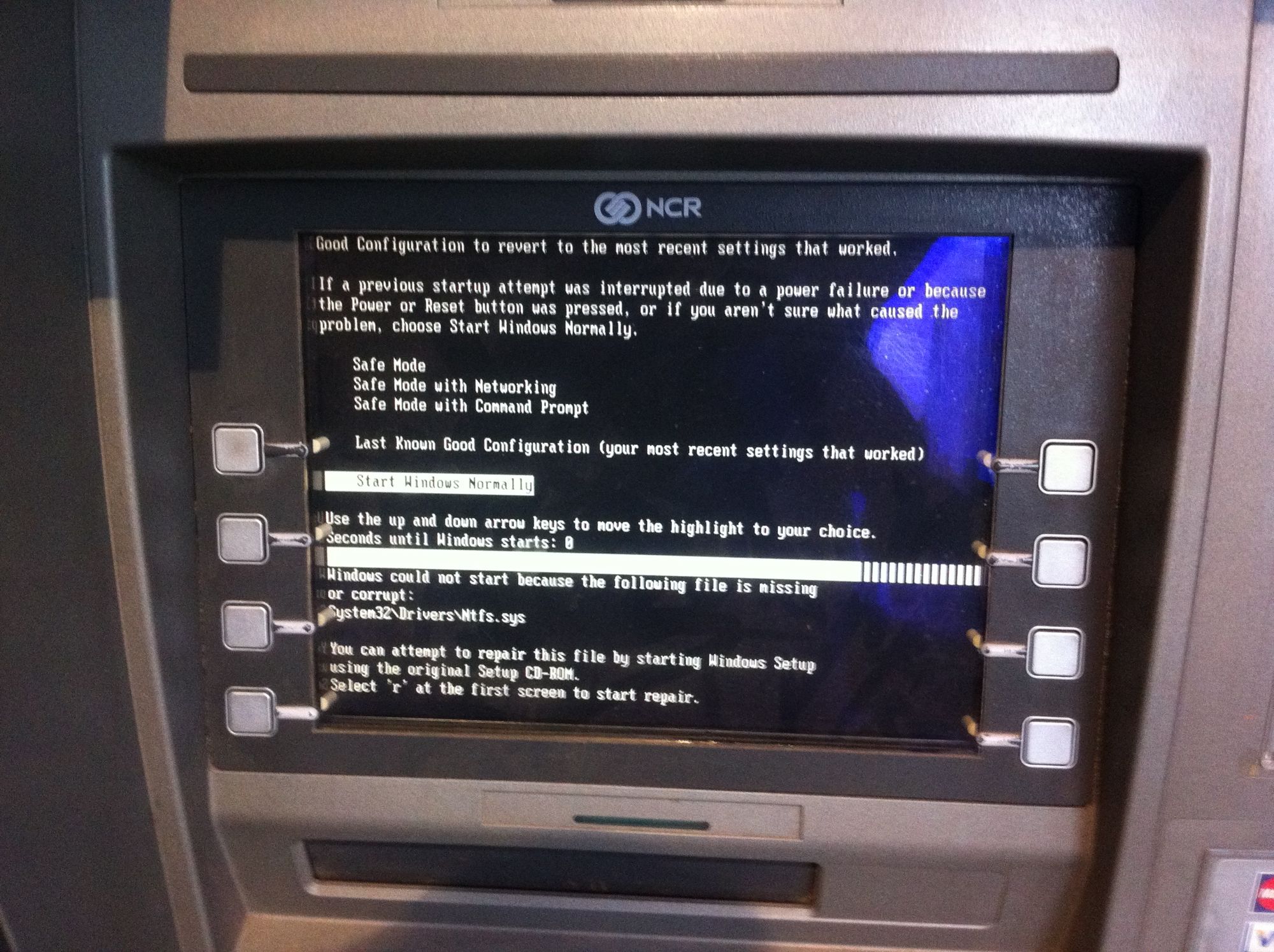 An ATM showing a screen attempting to start Window’s Safe Mode